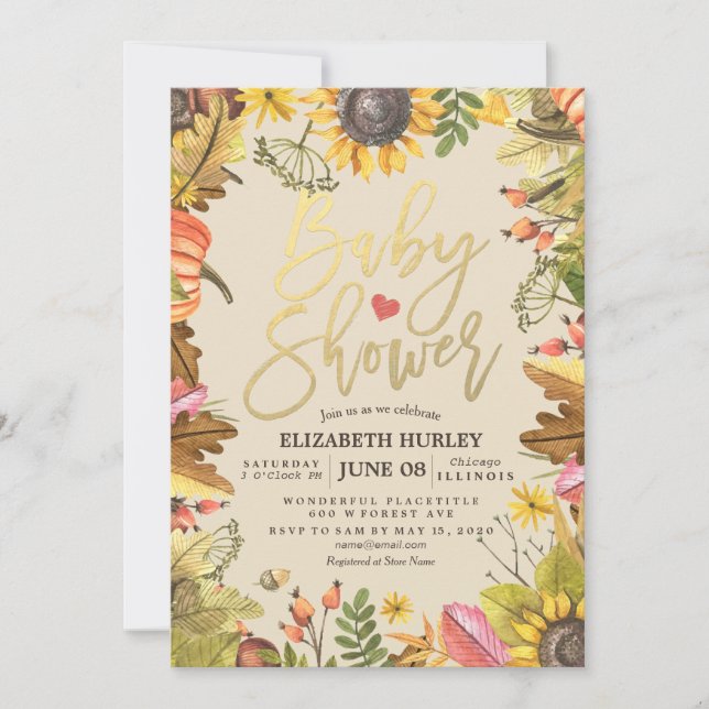 Babydusche Herbstmaple Blätter Pumpkin Sonnenblume Einladung (Vorderseite)