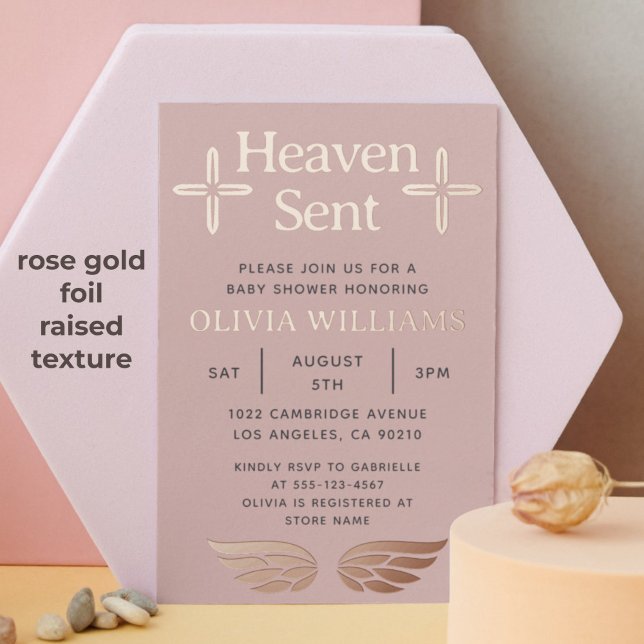 Babydusche Himmel Sent Cross Angel Rose Gold Folieneinladung (Heaven sent baby shower invitation with rose gold raised foil texture)