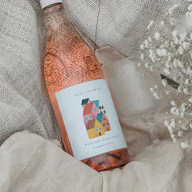 Babydusche im Küstendorf Party Weinetikett (Coastal village baby shower party wine label)