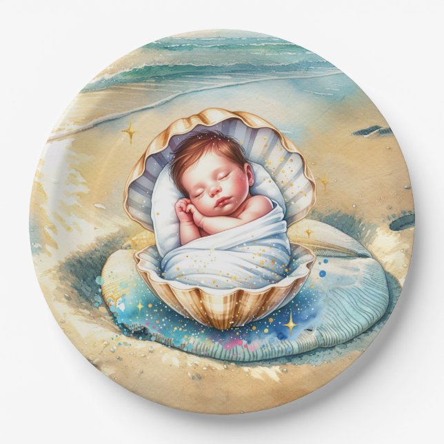Babydusche in Braun und Blau Pappteller (Vorderseite)