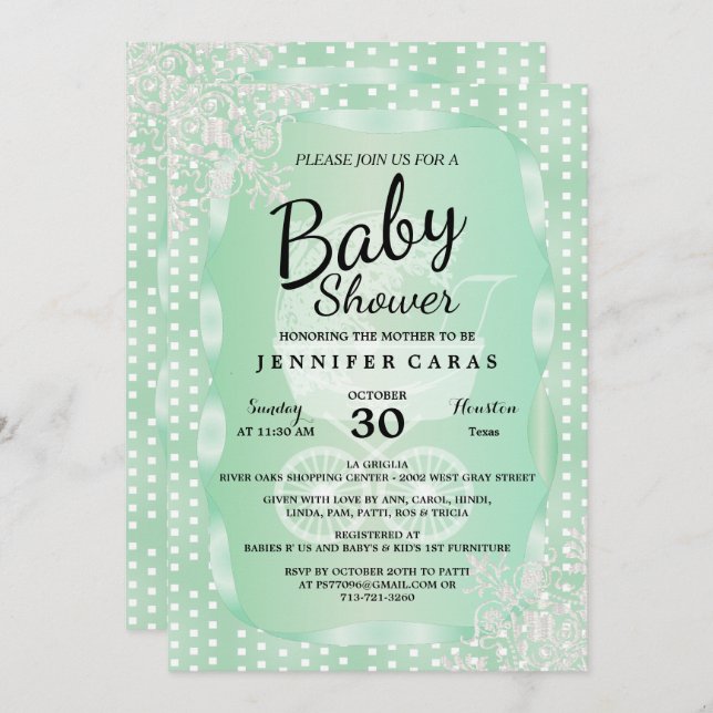 Babydusche in einem eleganten Minzgrün und Weiß Einladung (Vorne/Hinten)