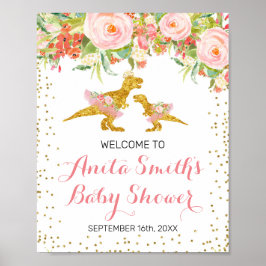 Babydusche in Rosa und Gold Dino - Begrüßungszeich Poster