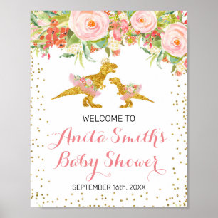 Babydusche in Rosa und Gold Dino - Begrüßungszeich Poster