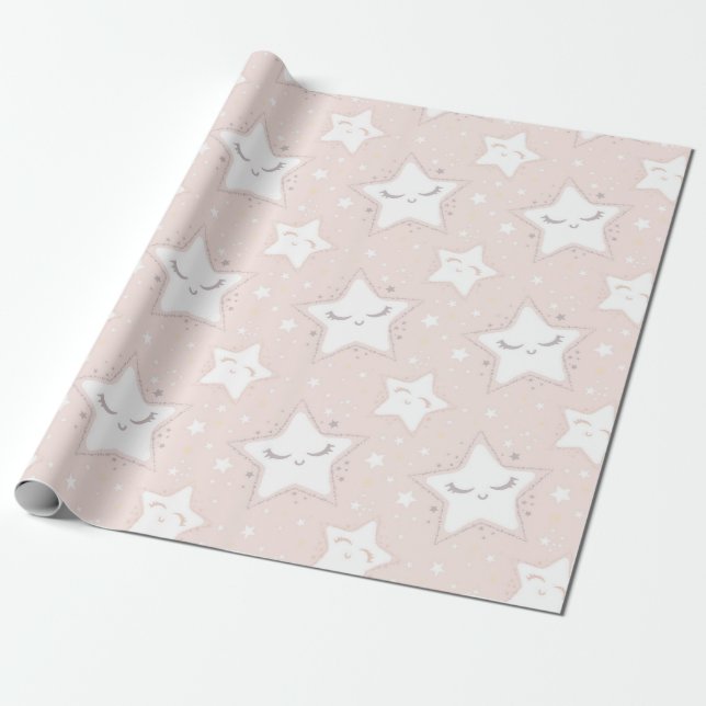Babydusche in Rosa und Weiß Stars Geschenkpapier (Ungerollt)