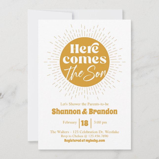 Babydusche, Junge, Sonne, Retro Einladung (Vorderseite)