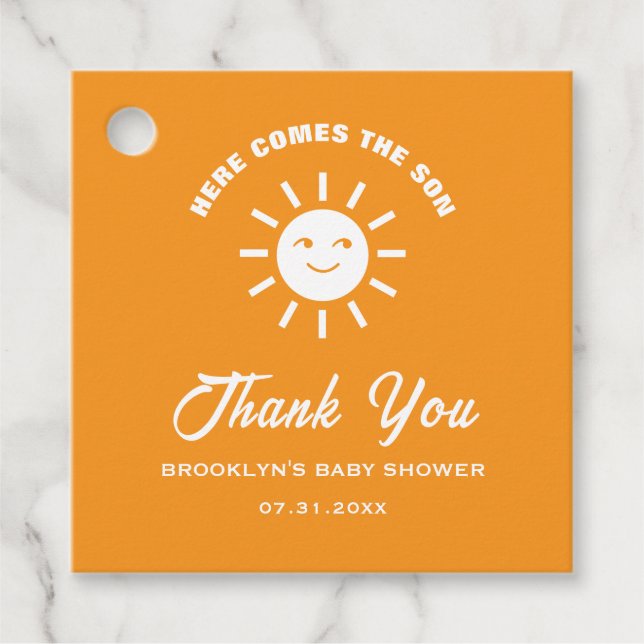 Babydusche kommt hier die sonnige Orange White Geschenkanhänger (Vorderseite)