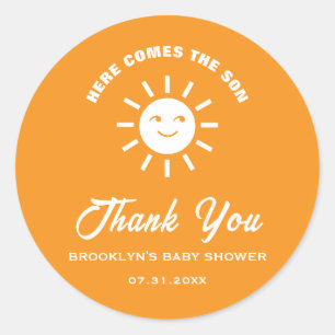 Babydusche kommt hier die sonnige Orange White Runder Aufkleber