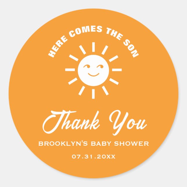 Babydusche kommt hier die sonnige Orange White Runder Aufkleber (Vorderseite)