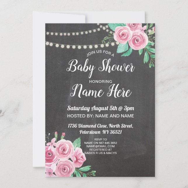 Babydusche lädt Blume Chalk Floral Pink Roses ein Einladung (Vorderseite)