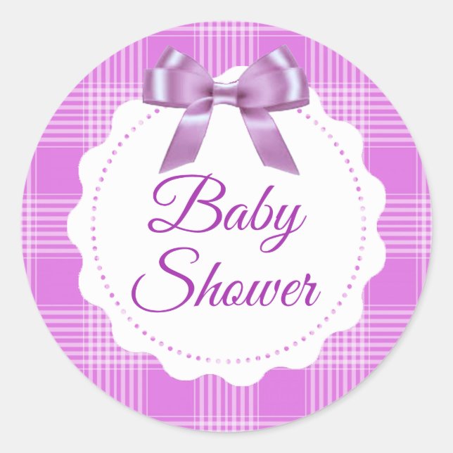 Babydusche Lila Kariert und Bow-Aufkleber Runder Aufkleber (Vorderseite)