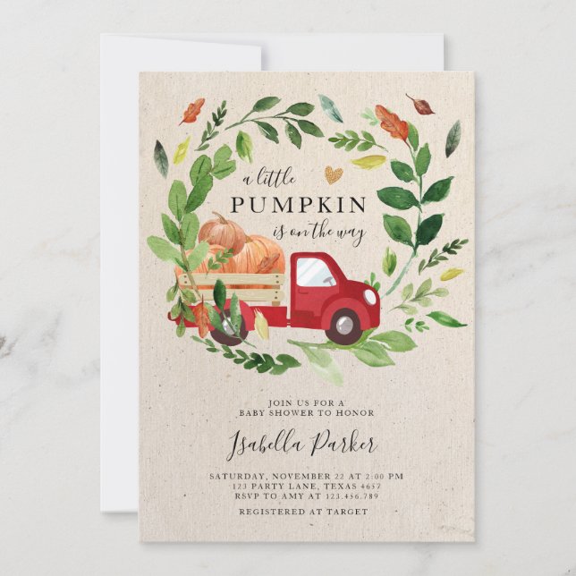 Babydusche Little Pumpkin Truck Fall Greenery Einladung (Vorderseite)