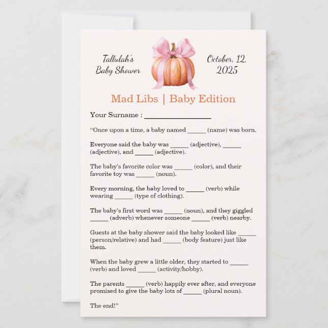 Babydusche Mad Libs | Spaß-Party-Aktivität (Vorderseite)