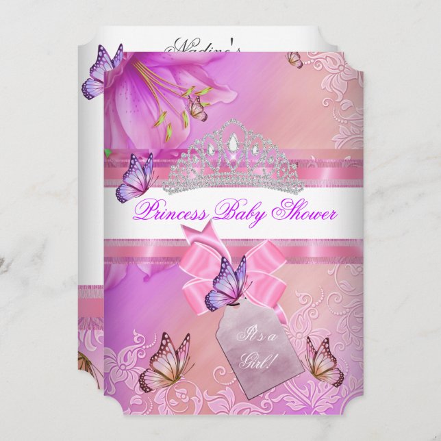 Babydusche Mädchen Pink Lila Prinzessin Butterfly  Einladung (Vorne/Hinten)