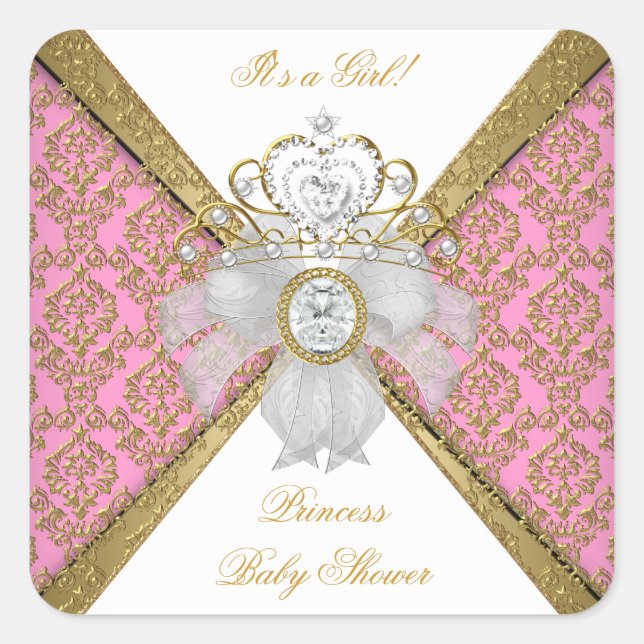 Babydusche Mädchen White Pink Princess Damask Quadratischer Aufkleber (Vorderseite)