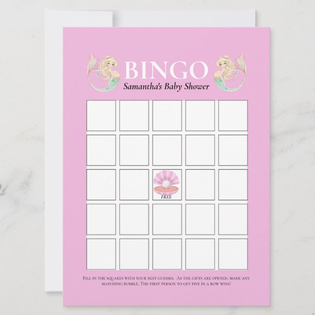 Babydusche Meerjungfrau Mutter Pink White Bingo Einladung (Vorderseite)
