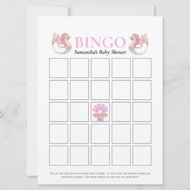 Babydusche Mermaid Bingo unter dem Meeresrosa Einladung (Vorderseite)