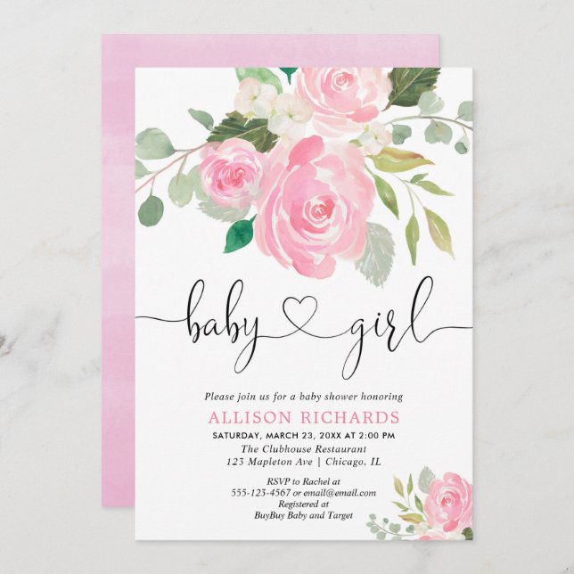 Babydusche mit Blumenwasser, rötlich pink Einladung (Vorne/Hinten)