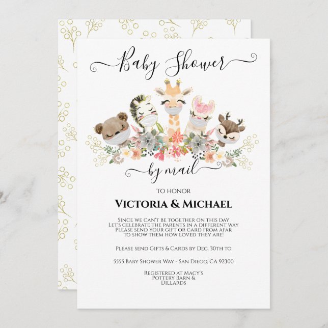 Babydusche mit E-Mail an Babys mit Masken Einladung (Vorne/Hinten)