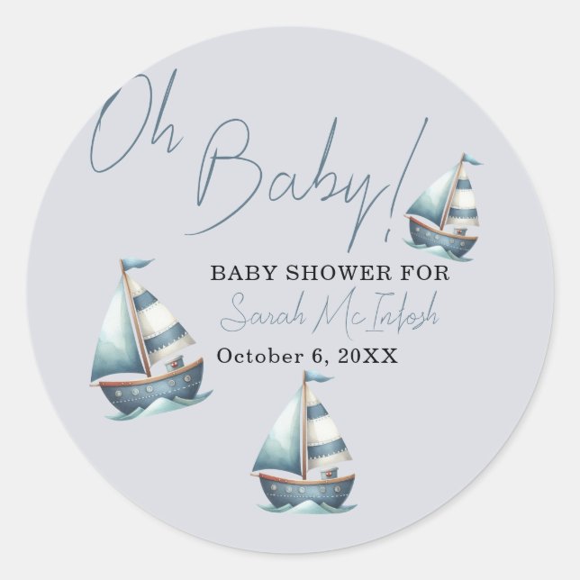Babydusche mit Nautical Sailboat Runder Aufkleber (Vorderseite)