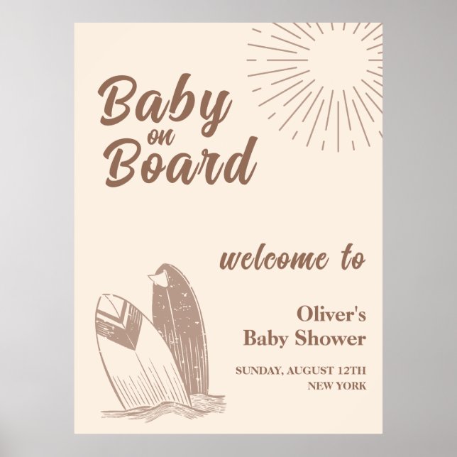 Babydusche mit neutraler Minimal-Boho Surfboard Be Poster (Vorne)