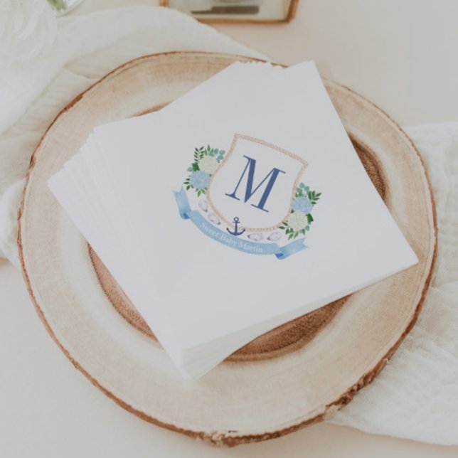 Babydusche mit Preppy-Hand-Lackierung an der Küste Serviette (Beachy coastal monogram crest blue and white baby shower napkins)