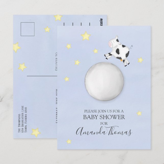 Babydusche Moderne Aquarellkuh sprang über den Mon Postkarte (Vorne/Hinten)