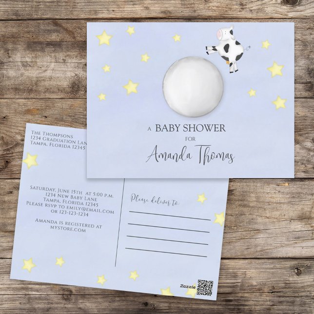 Babydusche Moderne Aquarellkuh sprang über den Mon Postkarte (Von Creator hochgeladen)