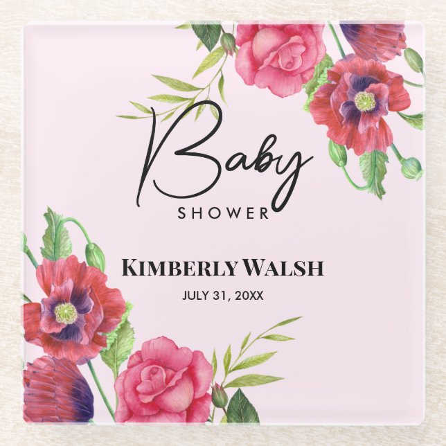 Babydusche Moderne Rosa Blume auf Light Pink Glasuntersetzer (Vorderseite)