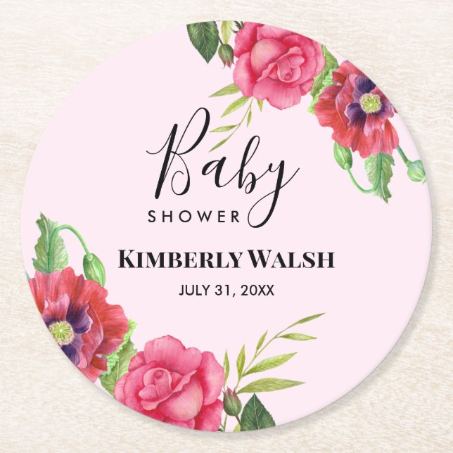 Babydusche Moderne Rosa Blume auf Light Pink Runder Pappuntersetzer (Vorderseite)