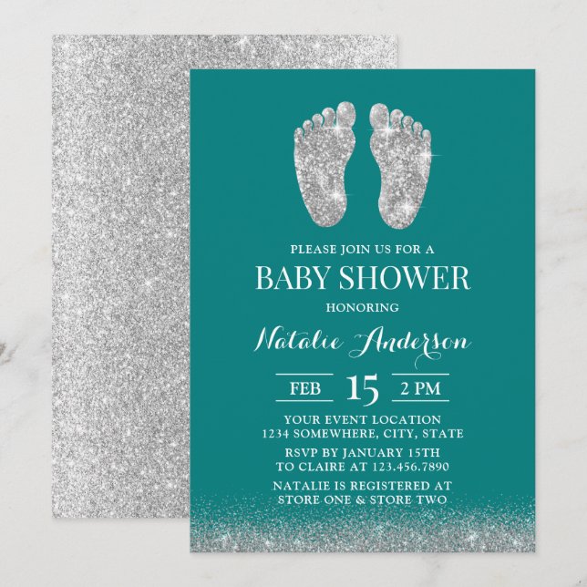 Babydusche Moderner Silver Glitzer Baby Foot Aquam Einladung (Vorne/Hinten)
