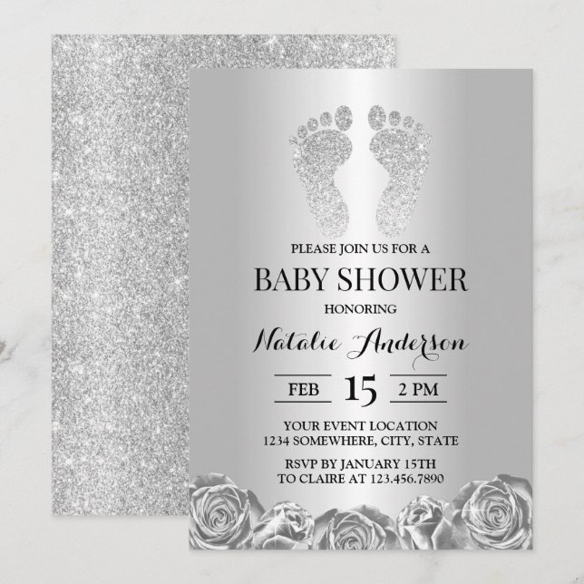 Babydusche Moderner Silver Glitzer Feet Rose Blüte Einladung (Vorne/Hinten)