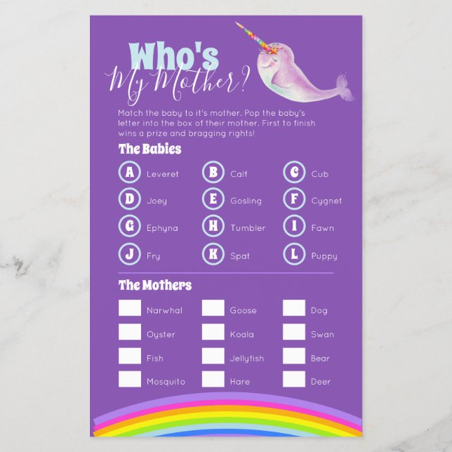 Babydusche Narwal Wortsuche Spiel Flyer (Hinten)