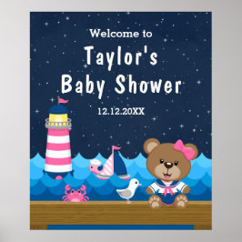 Babydusche Nautical Girl Bear Pink Navy Begrüßung Poster