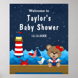 Babydusche Nautical Girl Bear Red Navy Begrüßung Poster