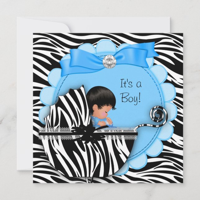 Babydusche Niedlich Baby Boy Blue Zebra Pram Einladung (Vorderseite)