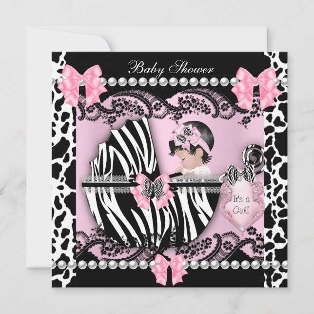 Babydusche Niedlich Baby Girl Pink Zebra Kuh Leder Einladung (Vorderseite)