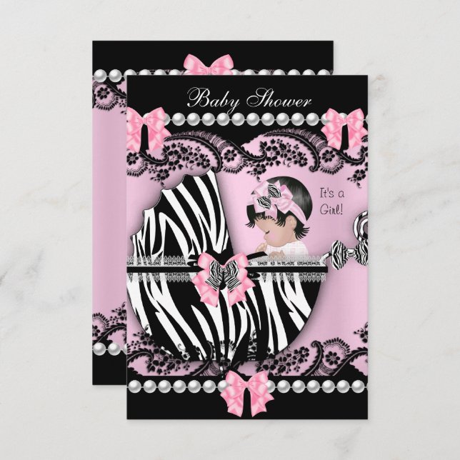 Babydusche Niedlich Baby Girl Pink Zebra Lace Einladung (Vorne/Hinten)