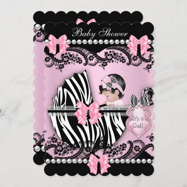 Babydusche Niedlich Baby Girl Pink Zebra Schnürsen Einladung (Vorne/Hinten)