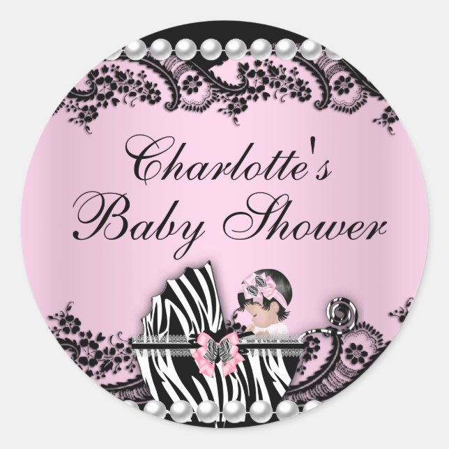 Babydusche Niedlich Baby Girl Pink Zebra Schnürsti Runder Aufkleber (Vorderseite)