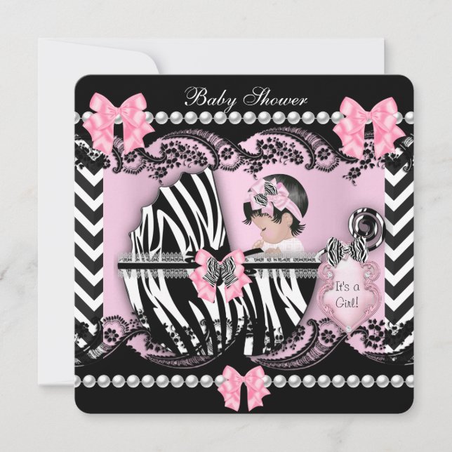 Babydusche Niedlich Baby Girl Pink Zebra Schnürung Einladung (Vorderseite)