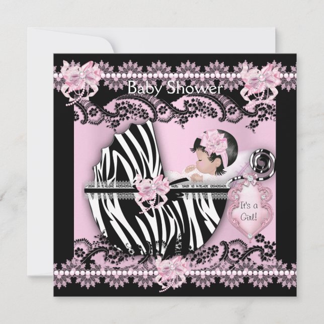 Babydusche Niedlich Baby Girl Pink Zebra Spitze NE Einladung (Vorderseite)