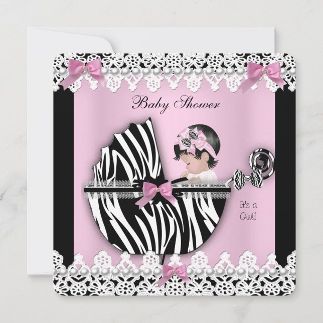 Babydusche Niedlich Baby Girl Pink Zebra Spitzen Einladung (Vorderseite)