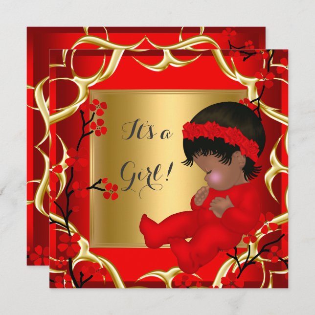 Babydusche Niedlich Baby Girl Red Blossom Gold AM  Einladung (Vorne/Hinten)