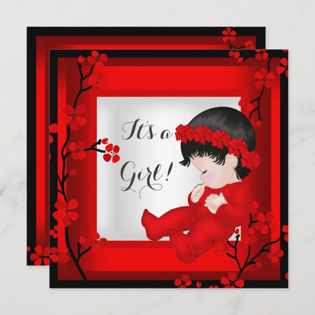 Babydusche Niedlich Baby Girl Red Blossom Schwarz- Einladung (Vorne/Hinten)