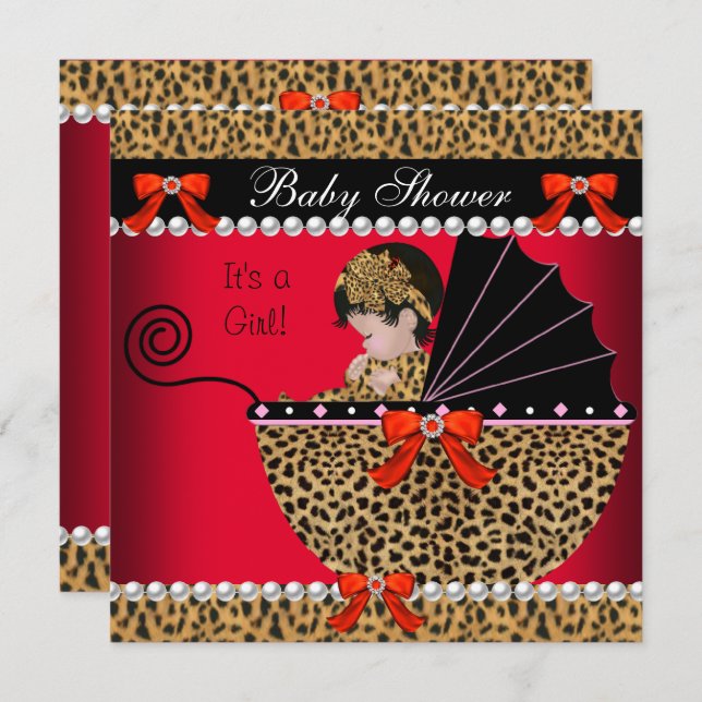 Babydusche Niedlich Baby Girl Red Leopard Bow Einladung (Vorne/Hinten)