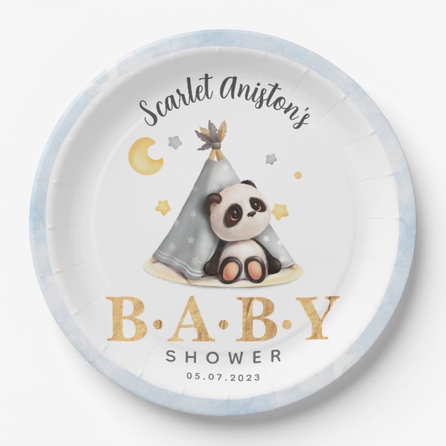 Babydusche Niedlich Boho Panda in Zelt Pappteller (Vorderseite)