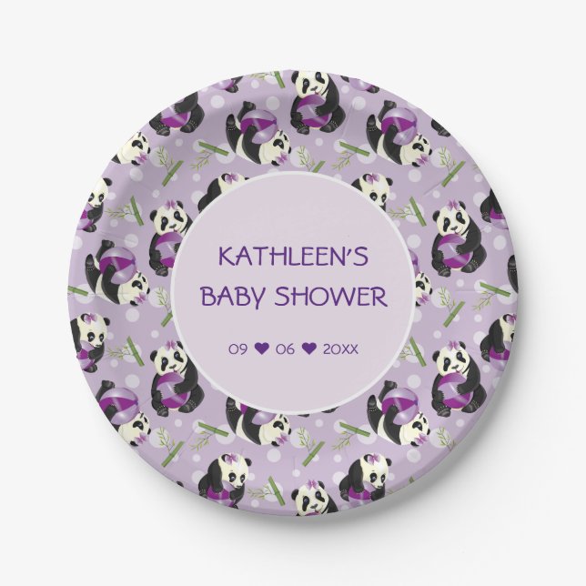 Babydusche Niedlich Panda Pale Lilac Muster Pappteller (Vorderseite)