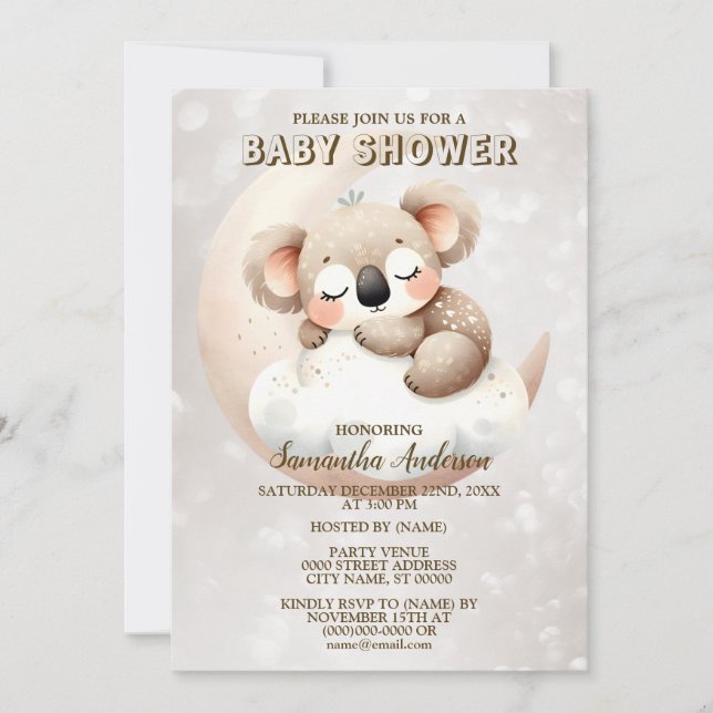 Babydusche Niedlich Schlafen Baby Koala Tier Einladung (Vorderseite)