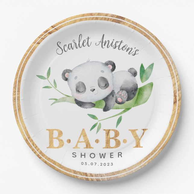 Babydusche Niedlich Schlafpanda Grüne Pappteller (Vorderseite)