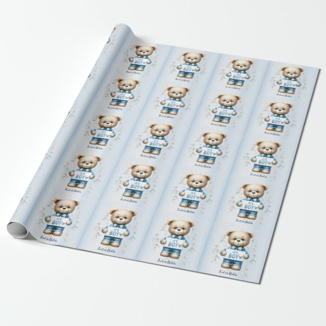 Babydusche Niedlich Teddy Bear Blue Floral Schöne Geschenkpapier (Ungerollt)